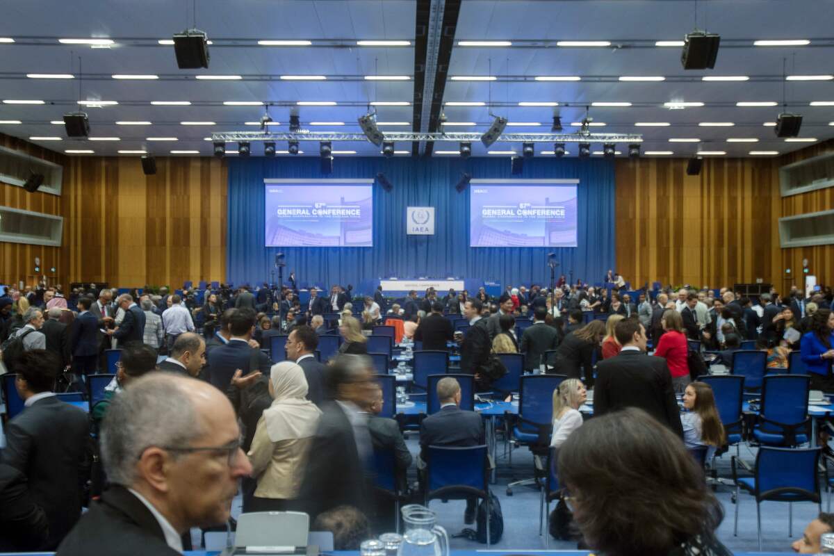 A general view shows the room of the 67th International Atomic Energy Agency's (IAEA) General Conference, an annual meeting of all the IAEA member states, at the agency's headquarters in Vienna, Austria, on September 25, 2023. [Photo by ALEX HALADA/AFP via Getty Images]