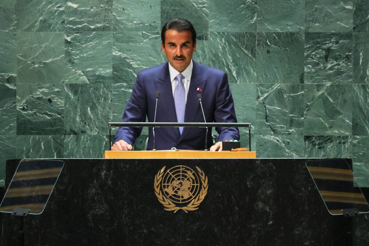 Emir of Qatar Sheikh Tamim bin Hamad al-Thani speaks during the United Nations General Assembly (UNGA) at the United Nations headquarters on September 19, 2023 in New York City [Michael M. Santiago/Getty Images]