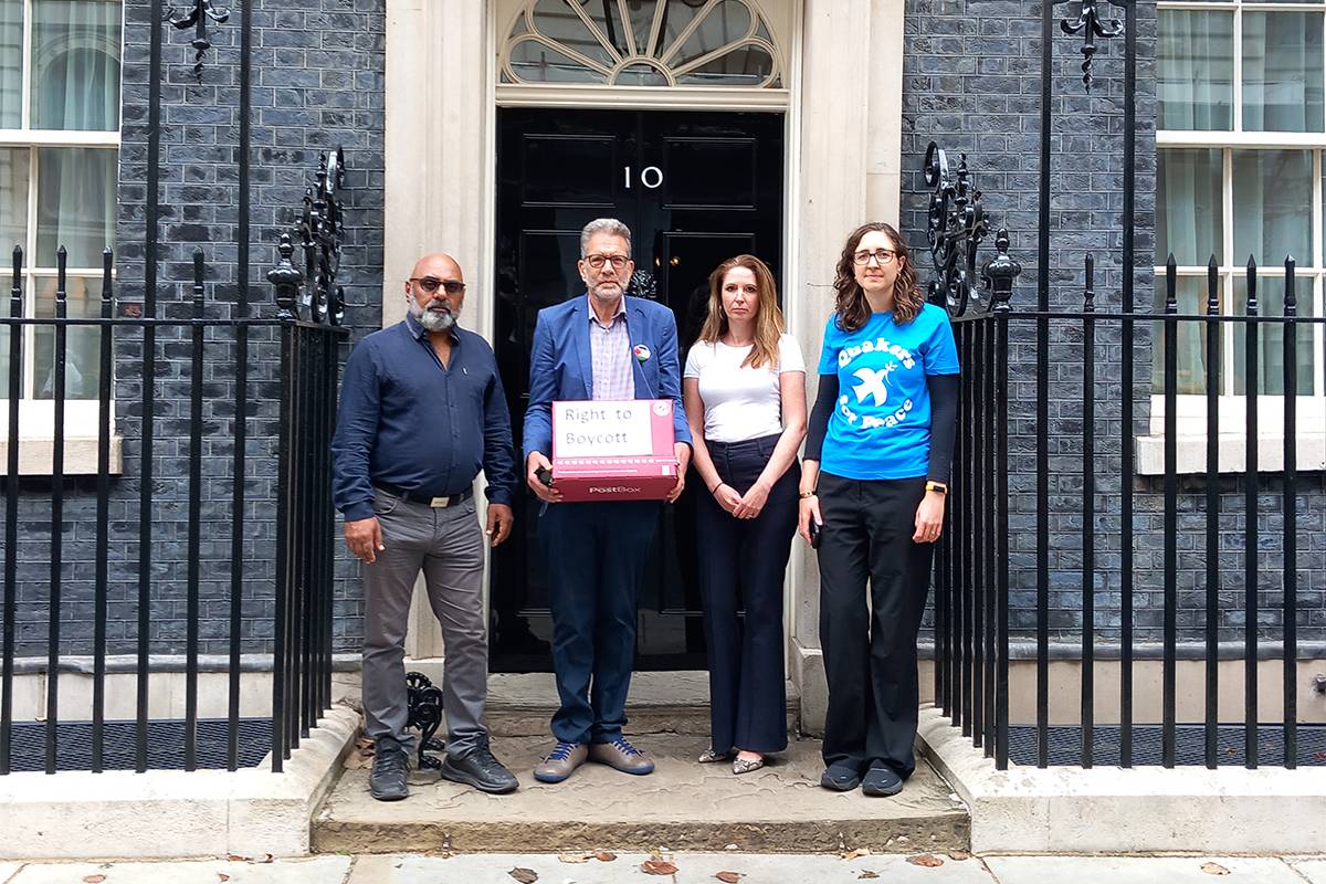 PSC Director, Ben Jamal, Director of War on Want, Asad Rehman, Clare Baker from Unite the Union and Grace Da Costa from Quakers in Britain handed a petition opposing the UK's anti-boycott bill to Downing Street on 31 August 2023 [PSC]
