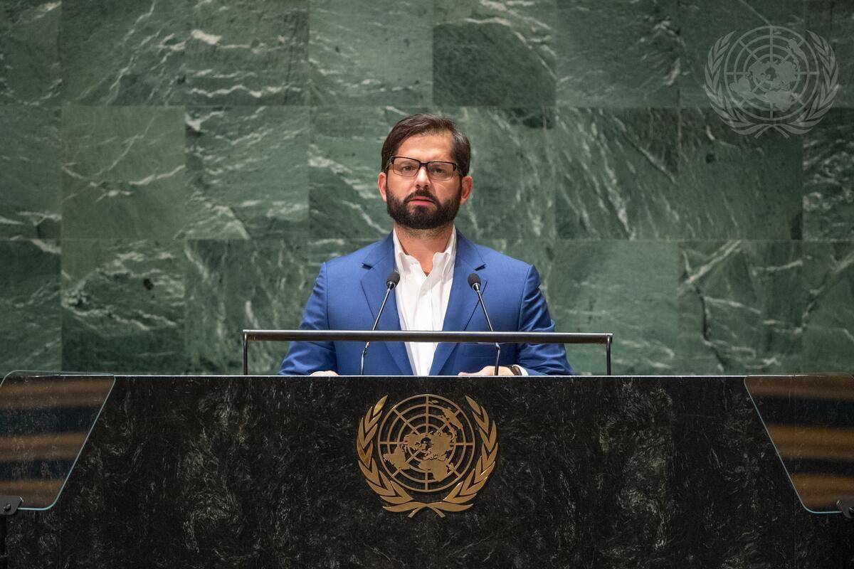 Chile’s President Gabriel Boric speaks at the 78th session of the UN General Assembly in September 2023 [UN]