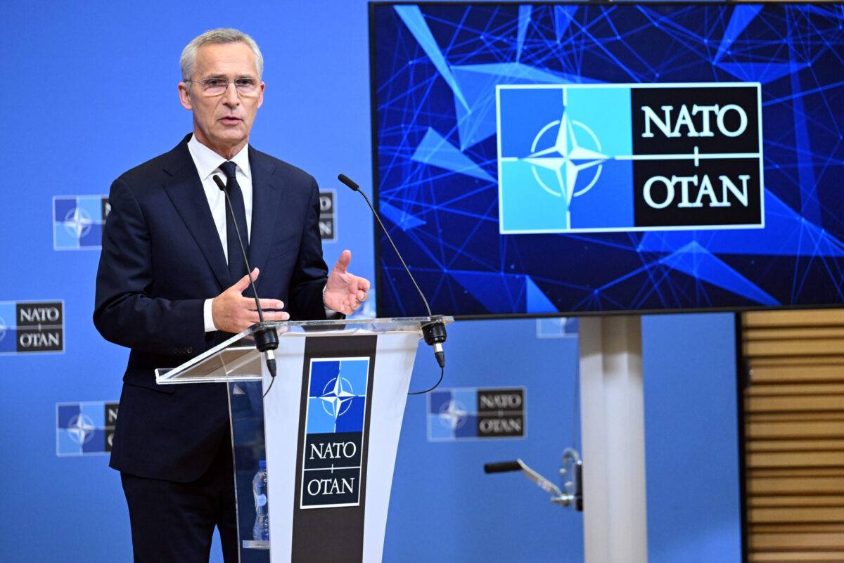 NATO Secretary General Jens Stoltenberg speaks during the press conference after attending the NATO Defense Ministers Meeting in Brussels, Belgium on October 11, 2023 [Dursun Aydemir/Anadolu Agency]