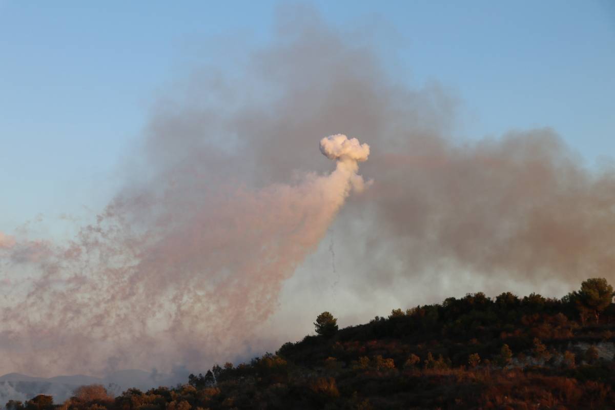 Smoke rises after Israeli army launches artillery attacks on Zahajra town on Lebanese border in Lebanon on October 16, 2023. [Belal Kashmar - Anadolu Agency]