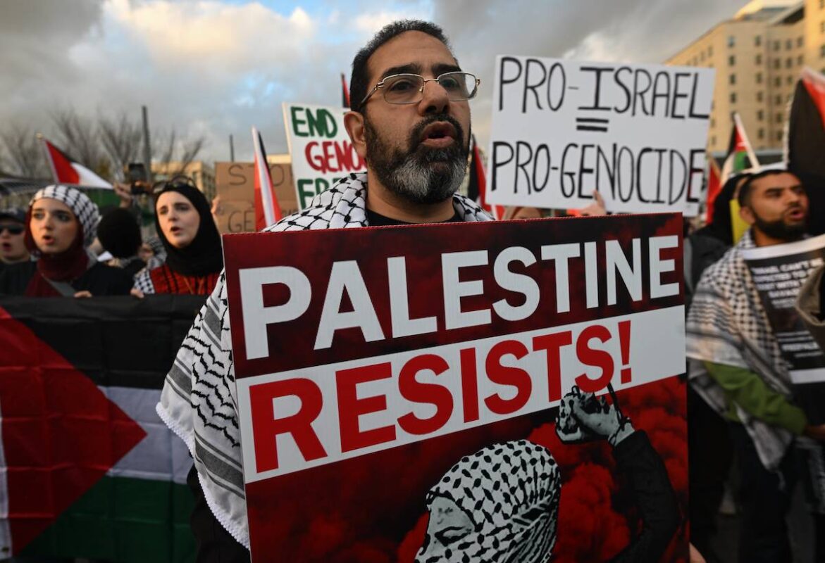 People gather for the Edmonton Emergency Protest and Sit-In for Gaza outside the Alberta Legislature, on October 18, 2023, in Edmonton, Canada. [Stringer - Anadolu Agency]