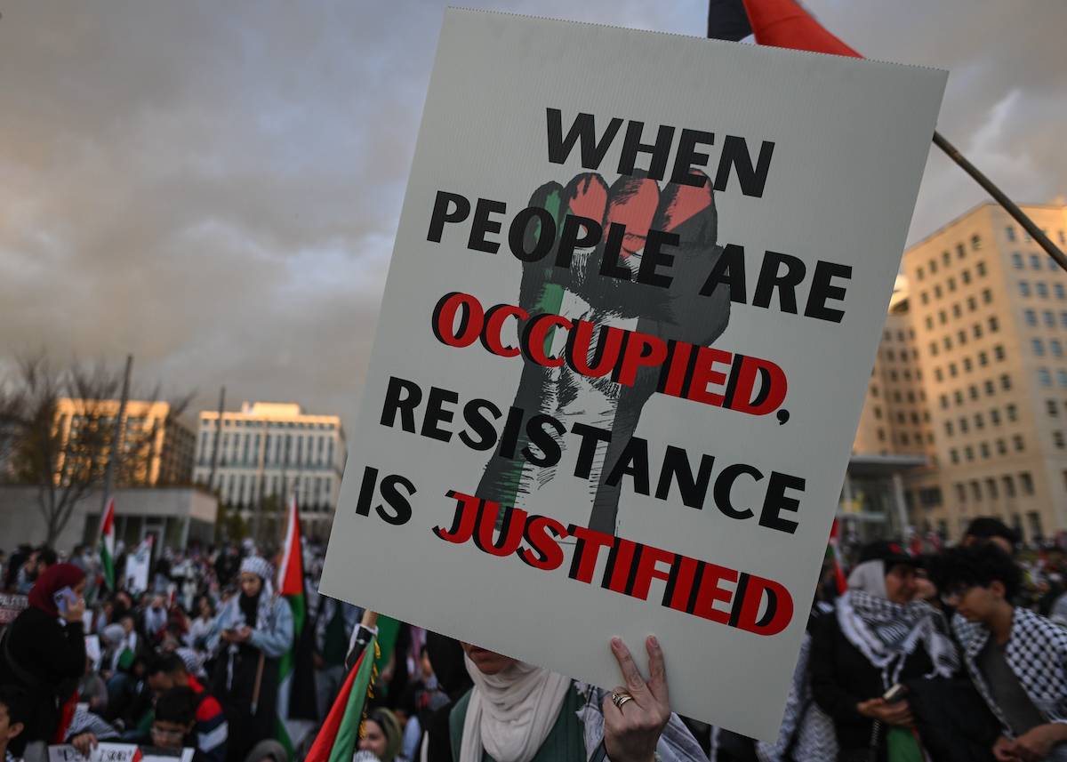 People gather for the Edmonton Emergency Protest and Sit-In for Gaza outside the Alberta Legislature, on October 18, 2023, in Edmonton, Canada. [Stringer - Anadolu Agency]