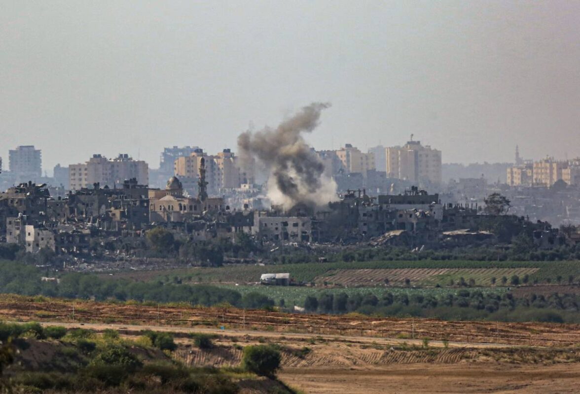Smoke rises in Khan Yunis city of Gaza which is seen from the Sderot city as the Israeli airstrikes continue on the thirteenth day of the clashes, in Sderot, Israel on October 19, 2023. [Saeed Qaq - Anadolu Agency]