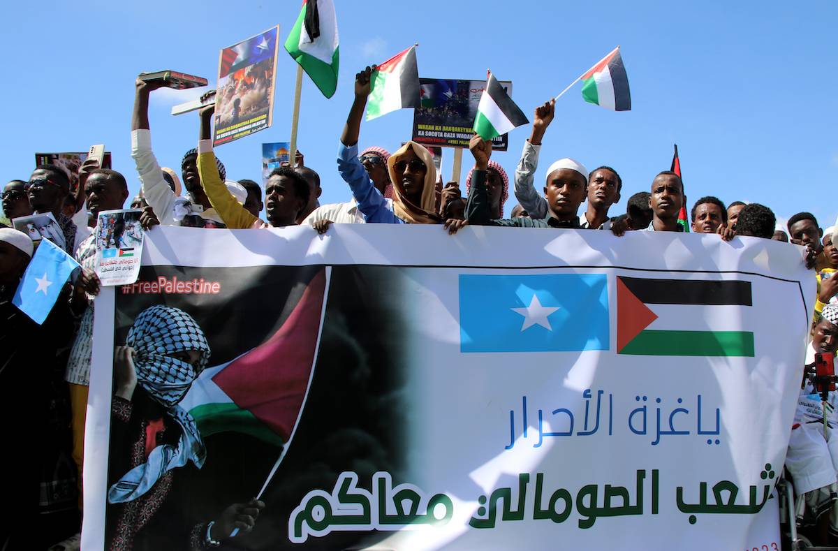 Protesters participate during the Pro-Palestinian demonstration in Mogadishu, Somalia on October 19, 2023. [Abuukar Mohamed Muhidin - Anadolu Agency]