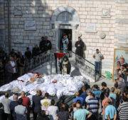 People attend the funeral ceremony for Palestinians who lost their lives in Israeli attack on Church of Saint Porphyrius in Gaza City, Gaza on October 20, 2023. [Ali Jadallah - Anadolu Agency]