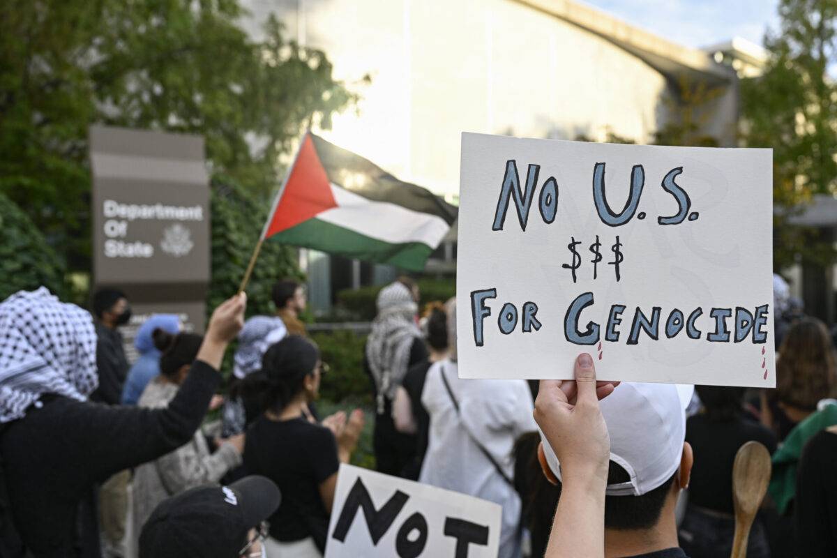 Pro-Palestinian protestors held a rally and a demonstration outside of the State Department to protest and condemn recent actions by the government of Israel in Washington DC, United States on October 25, 2023 [Celal Güneş/Anadolu Agency]
