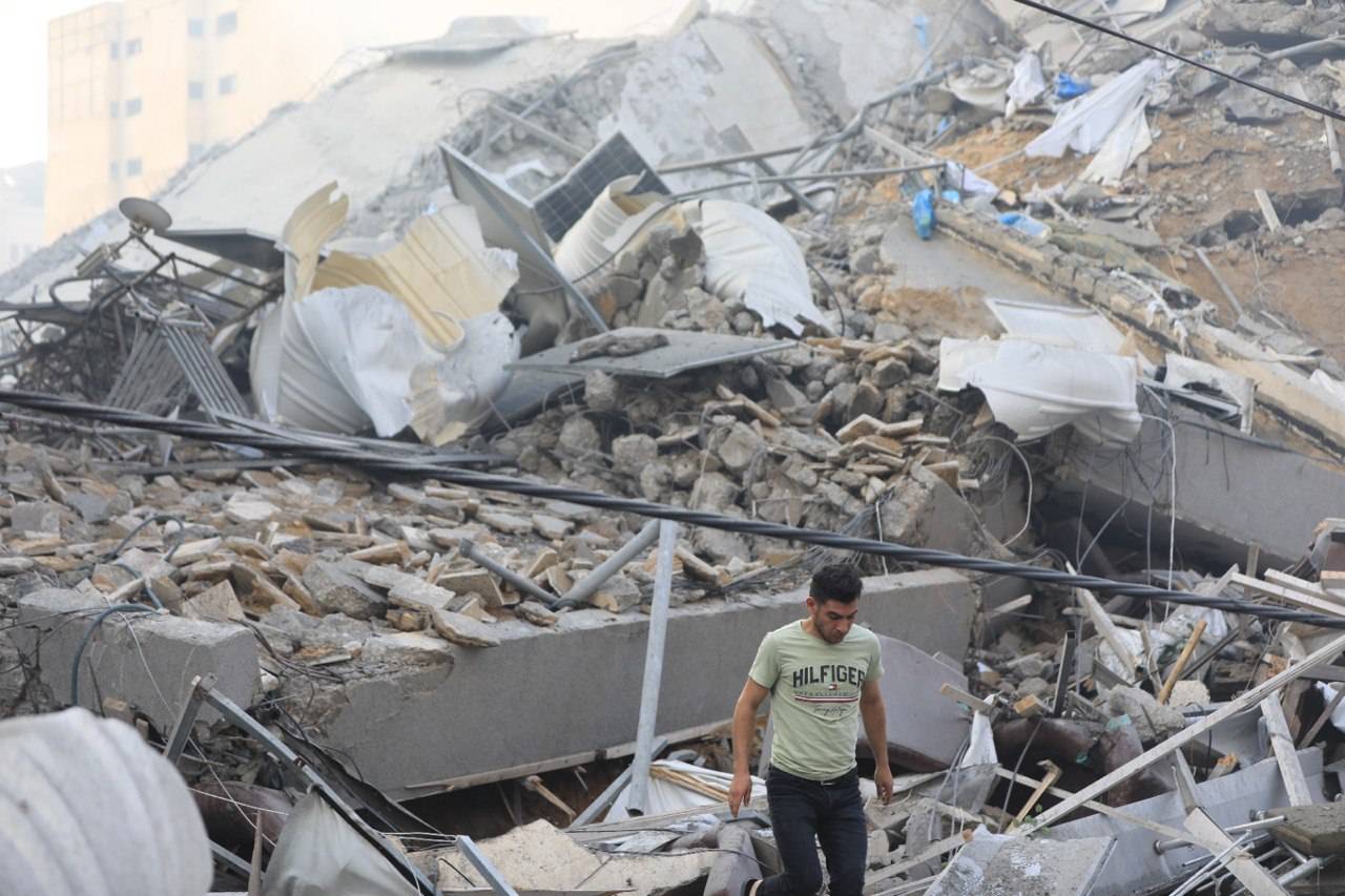 Al-Watan Tower which housed Palestine's mobile phone company is demolished by Israeli warplanes on 08 October 2023