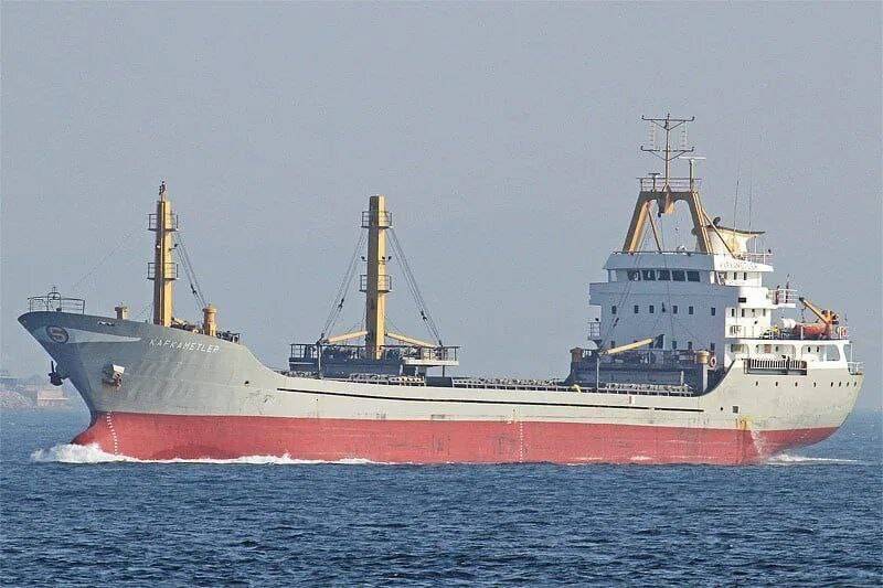 A view of Turkish-owned/flagged general cargo ship Kafkametler struck a sea mine off the coast of Romania/Sulina (port) on Oct 5, 2023 [@vicktop55/X]
