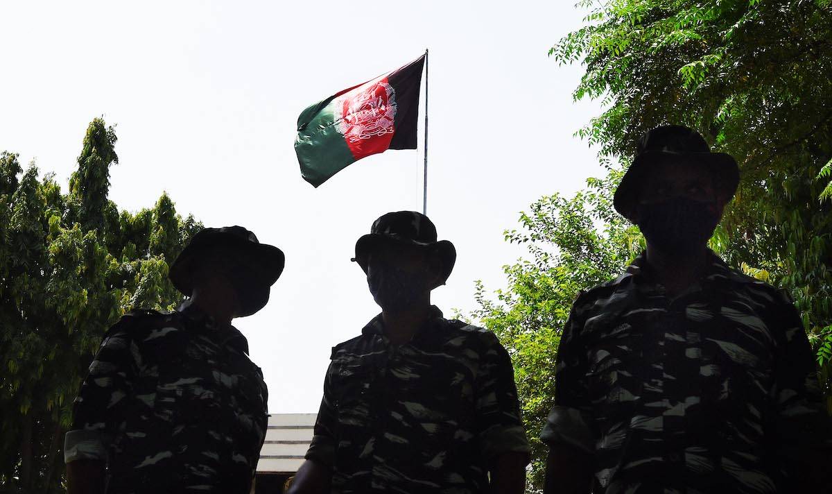 Security beefed at the Embassy of the Islamic Republic of Afghanistan, as Taliban have taken control Afghanistan on August 16, 2021 in New Delhi, India. [Mohd Zakir/Hindustan Times via Getty Images]