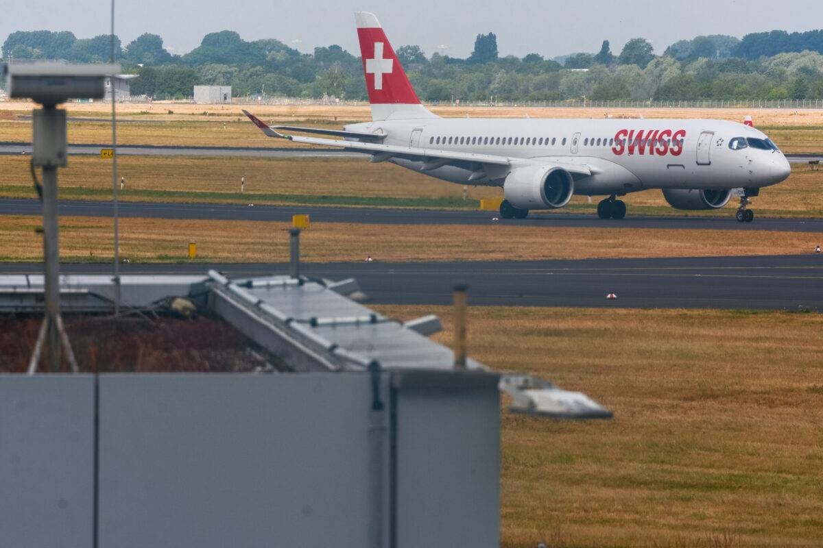 General view of an aircraft of Swiss in Duesseldorf, Germany on June 21, 2023 [Ying Tang/NurPhoto via Getty Images]