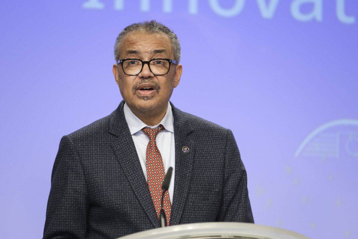 Director-General of the World Health Organization Tedros Adhanom Ghebreyesus delivers a speech during a ceremony on New funding at the Commission headquarter in Brussels, on October 11, 2023 [Thierry Monasse/Getty Images]