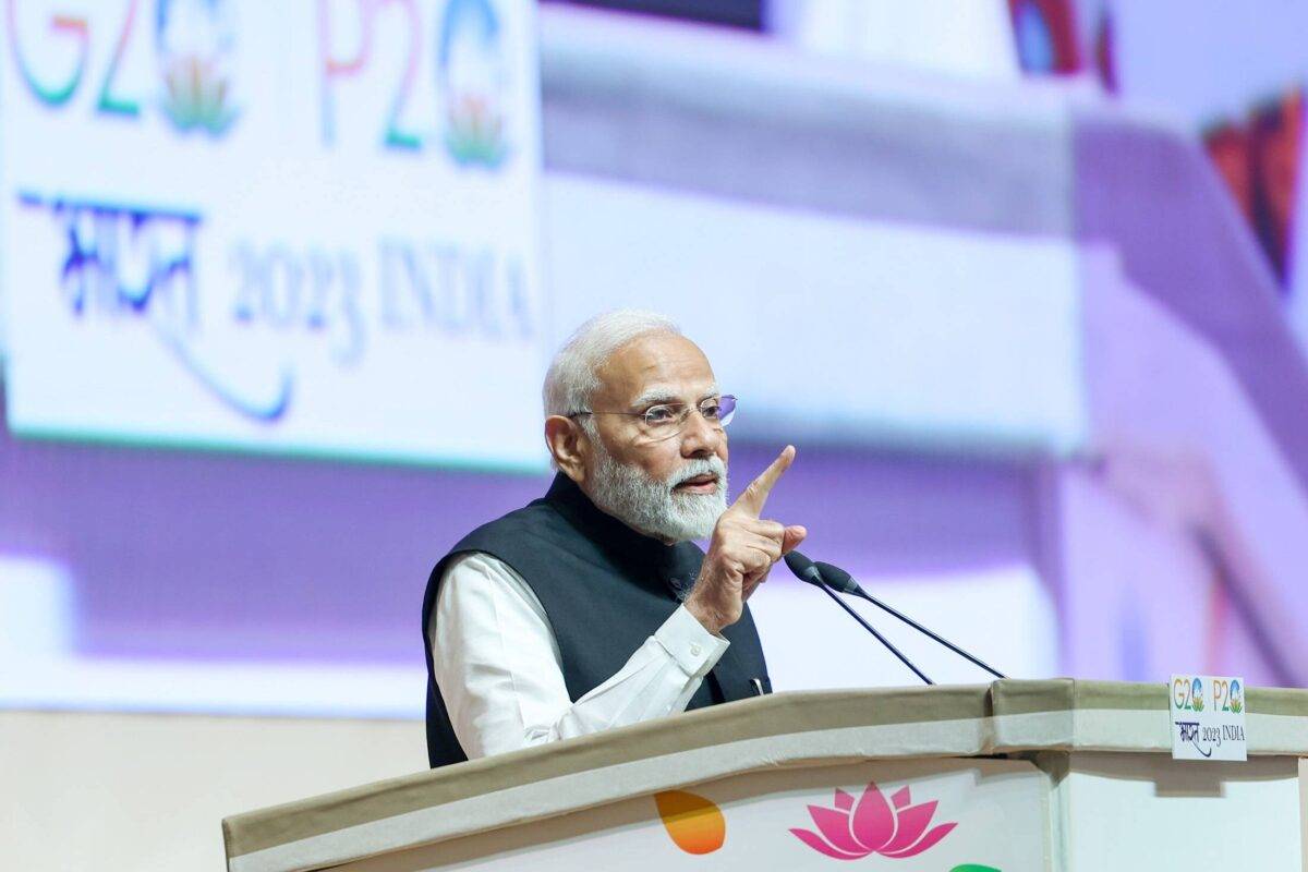 Indian Prime Minister Narendra Modi speaks during the 9th G20 Parliament Speakers Summit (P20) at Yashobhoomi India International Conference and Exhibition Center in New Delhi, India on October 13, 2023 [Press Information Bureau (PIB)/Handout/Anadolu via Getty Images]