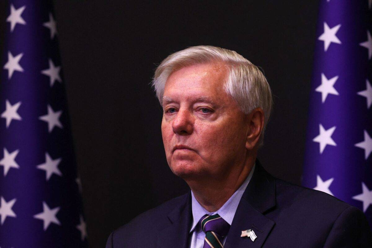 Member of a bipartisan group of US Senators Lindsey Graham looks on as they hold a press conference in Tel Aviv on October 22, 2023 [GIL COHEN MAGEN/AFP via Getty Images]