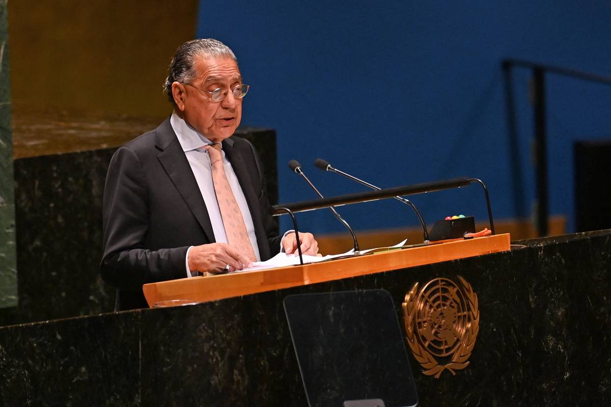 Permanent Representative of Pakistan to the United Nations Munir Akram speaks during the 10th Emergency Special Session (resumed) 39th plenary meeting on the Israeli-Palestinian conflict at the United Nations headquarters in New York City on October 27, 2023. [Photo by ANDREA RENAULT/AFP via Getty Images]