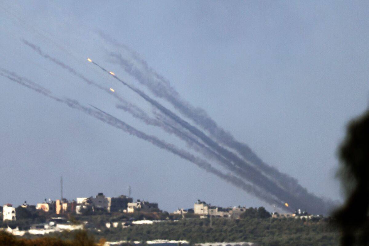 A picture taken from Israel's southern city of Sderot shows rockets fired from northern Gaza towards Israel on October 30, 2023. [Photo by JACK GUEZ/AFP via Getty Images]