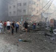 Israeli warplanes blow up the Yarmouk Mosque in Gaza city on October 09, 2023. [Mohammed Asad/Middle East Monitor]