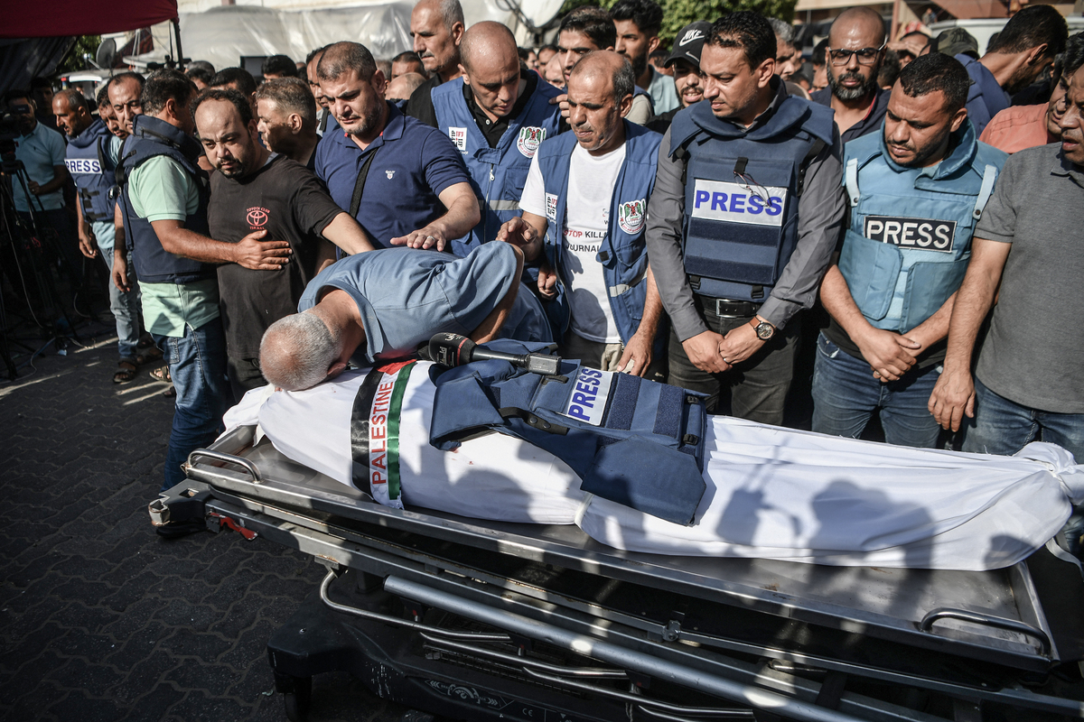 A funeral ceremony is held for Palestine TV correspondent Mohammed Abu Hatab, was killed, along with his family members, in an airstrike on his home in Khan Yunis, Gaza on November 03, 2023. [Abed Zagout - Anadolu Agency]