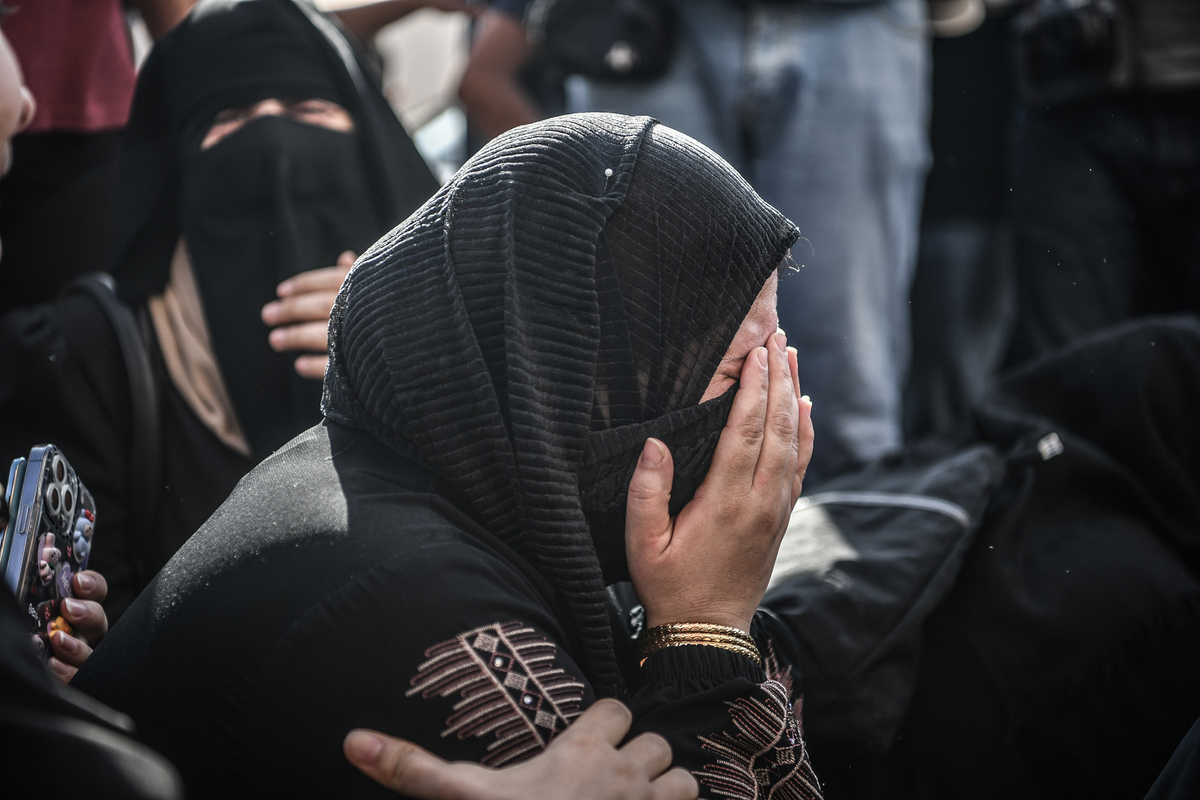 A funeral ceremony is held for Palestine TV correspondent Mohammed Abu Hatab, was killed, along with his family members, in an airstrike on his home in Khan Yunis, Gaza on November 03, 2023 [Abed Zagout - Anadolu Agency]