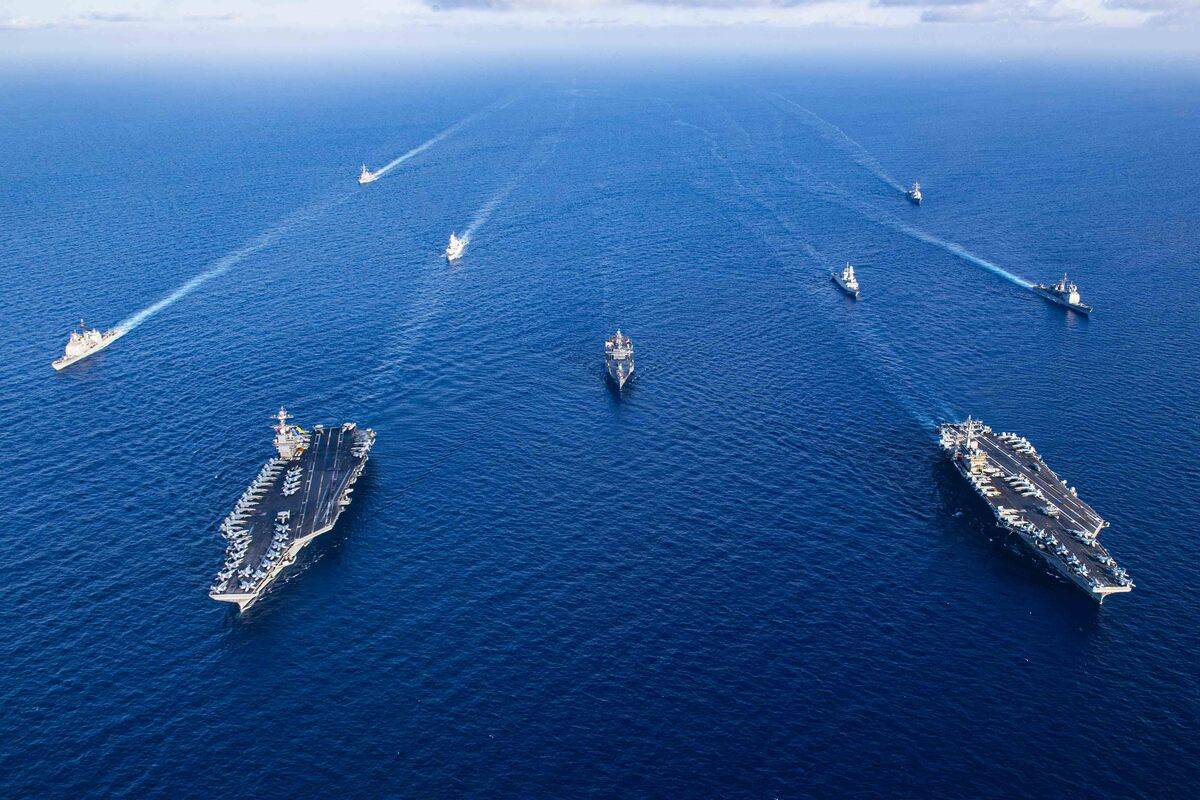 An aerial view of aircraft carriers of the United States Navy USS Gerald R. Ford and USS Dwight D. Eisenhower together in eastern Mediterranean on November 03, 2023. [U.S.Navy Janae Chambers/Handout - Anadolu Agency]