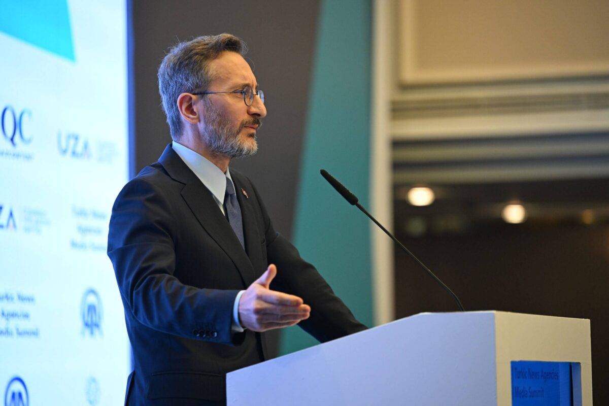 Turkish Director of Communications of the Presidency Fahrettin Altun makes a speech during ''Turkic News Agencies Media Summit “Alliance in Media & Vision for Future'' in Istanbul, Turkiye on November 06, 2023 [Aytuğ Can Sencar - Anadolu Agency]
