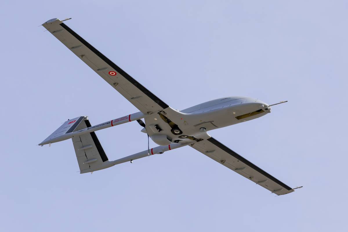 Unmanned combat aerial vehicle (UCAV) Baykar Bayraktar TB3, domestically produced, performs fifth test flight, which it flew with the landing gear closed for the first time, in Istanbul, Turkiye on November 10, 2023. [BAYKAR/Handout - Anadolu Agency]