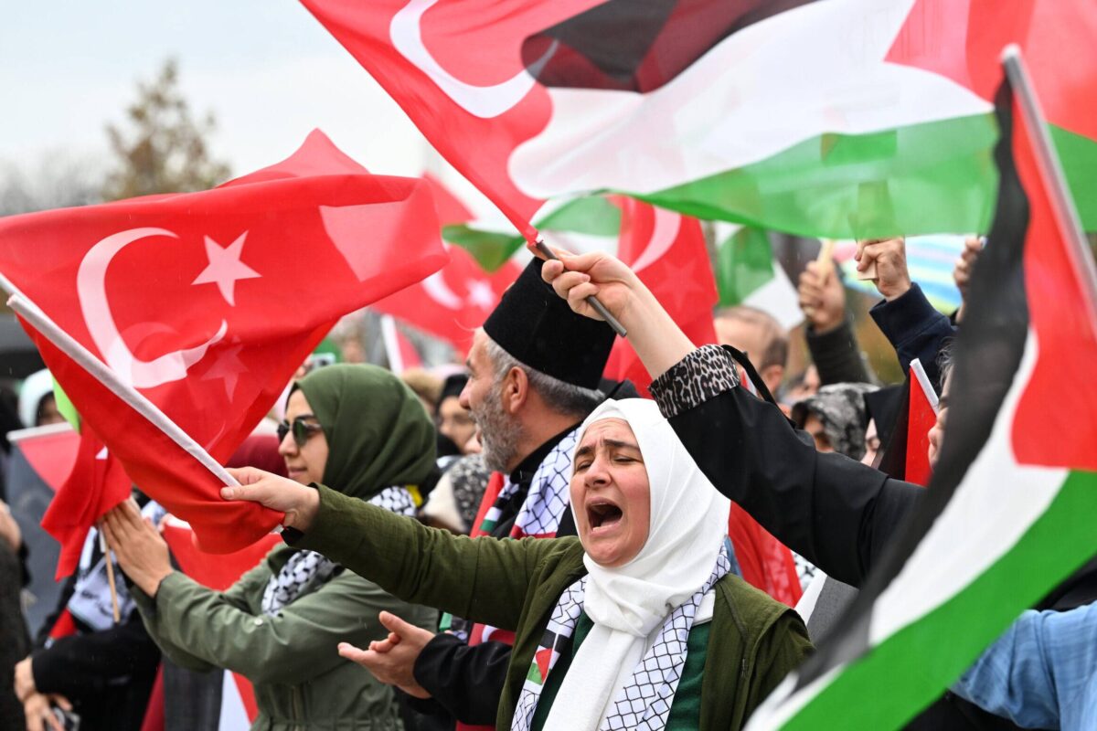 People gather with the call of Palestinian Initiative Platform as they carry Turkish flags and Palestinian flags stage a demonstration in support of Palestinians at the courtyard of the Melike Hatun Mosque in Ankara, Turkiye on November 12, 2023 [Evrim Aydın - Anadolu Agency]
