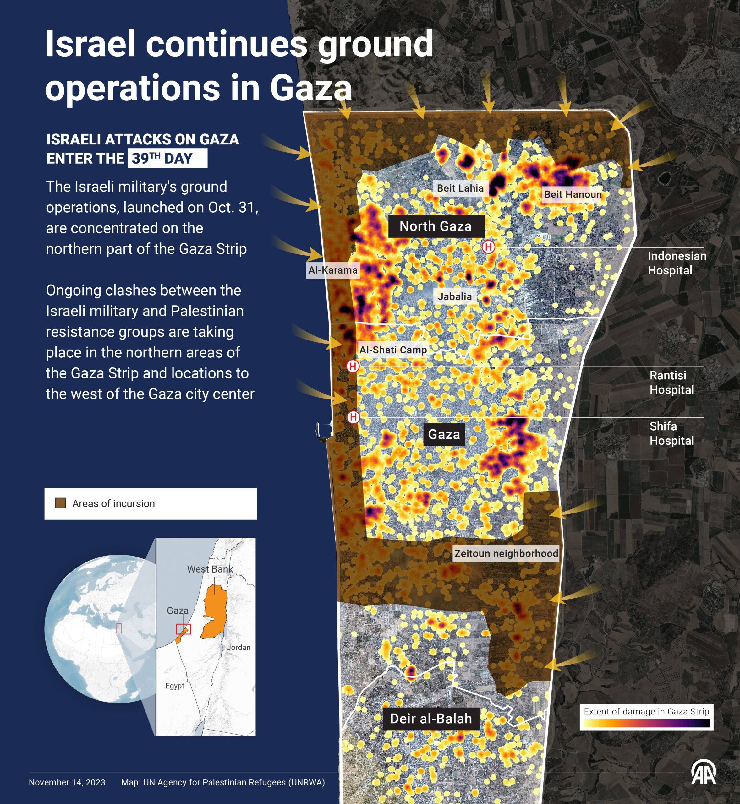 An infographic titled ''Israel continues ground operations in Gaza" created in Ankara, Turkiye on November 14, 2023 [Mahmut Resul Karaca - Anadolu Agency]