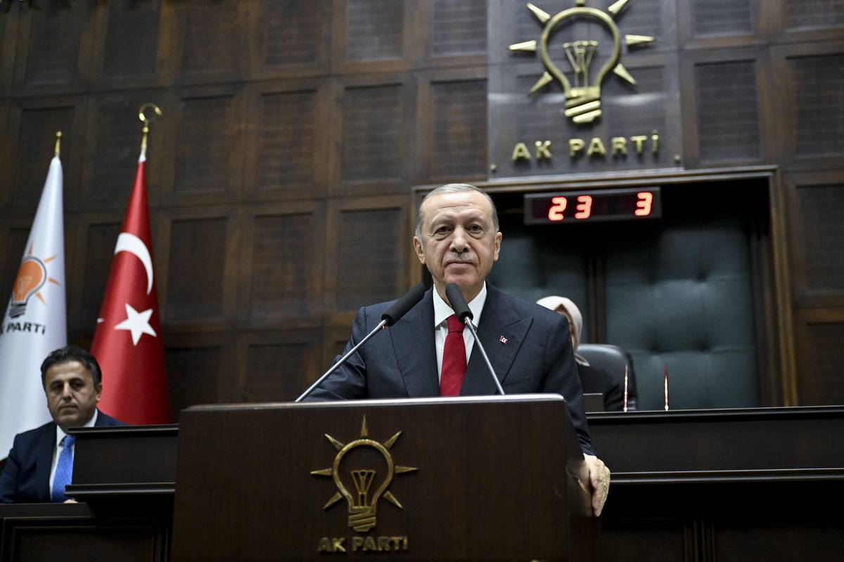 Turkish President and the Leader of the Justice and Development (AK) Party Recep Tayyip Erdogan makes statements as he attends his party's group meeting at the Turkish Grand National Assembly in Ankara, Turkiye on November 15, 2023 [Emin Sansar - Anadolu Agency]