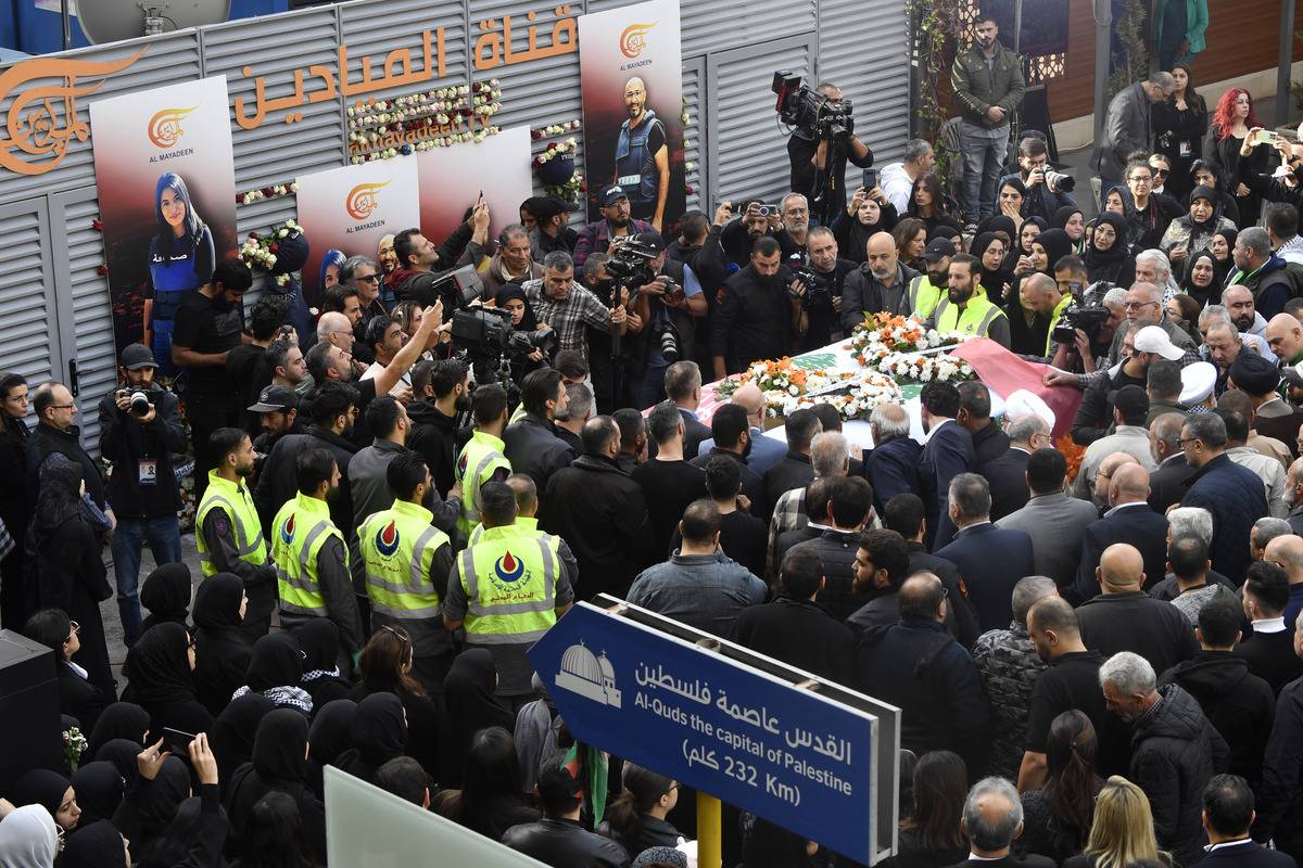 A funeral ceremony is held for Al Mayadeen TV's female reporter Farah Omar and cameraman Rabih al Mamari, who were killed in an Israeli airstrike on the town of Deir Harfa in Beirut, Lebanon on November 22, 2023 [Houssam Shbaro - Anadolu Agency]