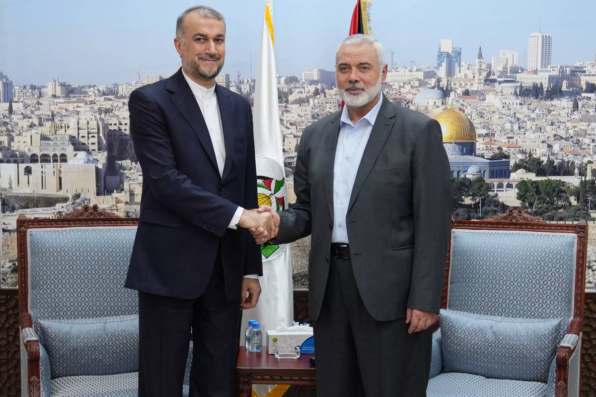 Iranian Foreign Minister Hossein Amir-Abdollahian meets with Hamas Political Bureau Chairman Ismail Haniyeh in Doha, Qatar on November 24, 2023. [Iranian Foreign Ministry / Handout - Anadolu Agency]
