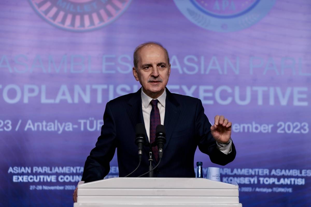 Turkish Parliament Speaker Numan Kurtulmus in Antalya, Turkiye on November 27, 2023. [Turkish Grand National Assembly - Anadolu Agency]