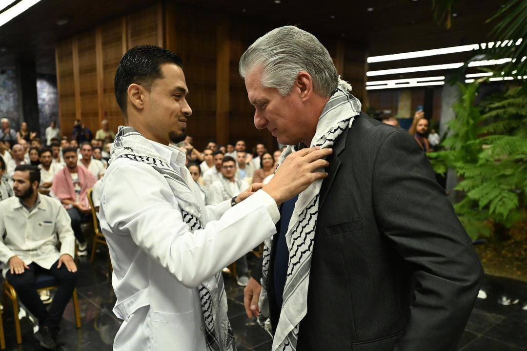 Cuban President Miguel Diaz-Canel received 144 Palestinian students studying medicine in Cuba at the Revolutionary Palace in Havana, Cuba on 19 Nov 2023 [@DiazCanelB/X]