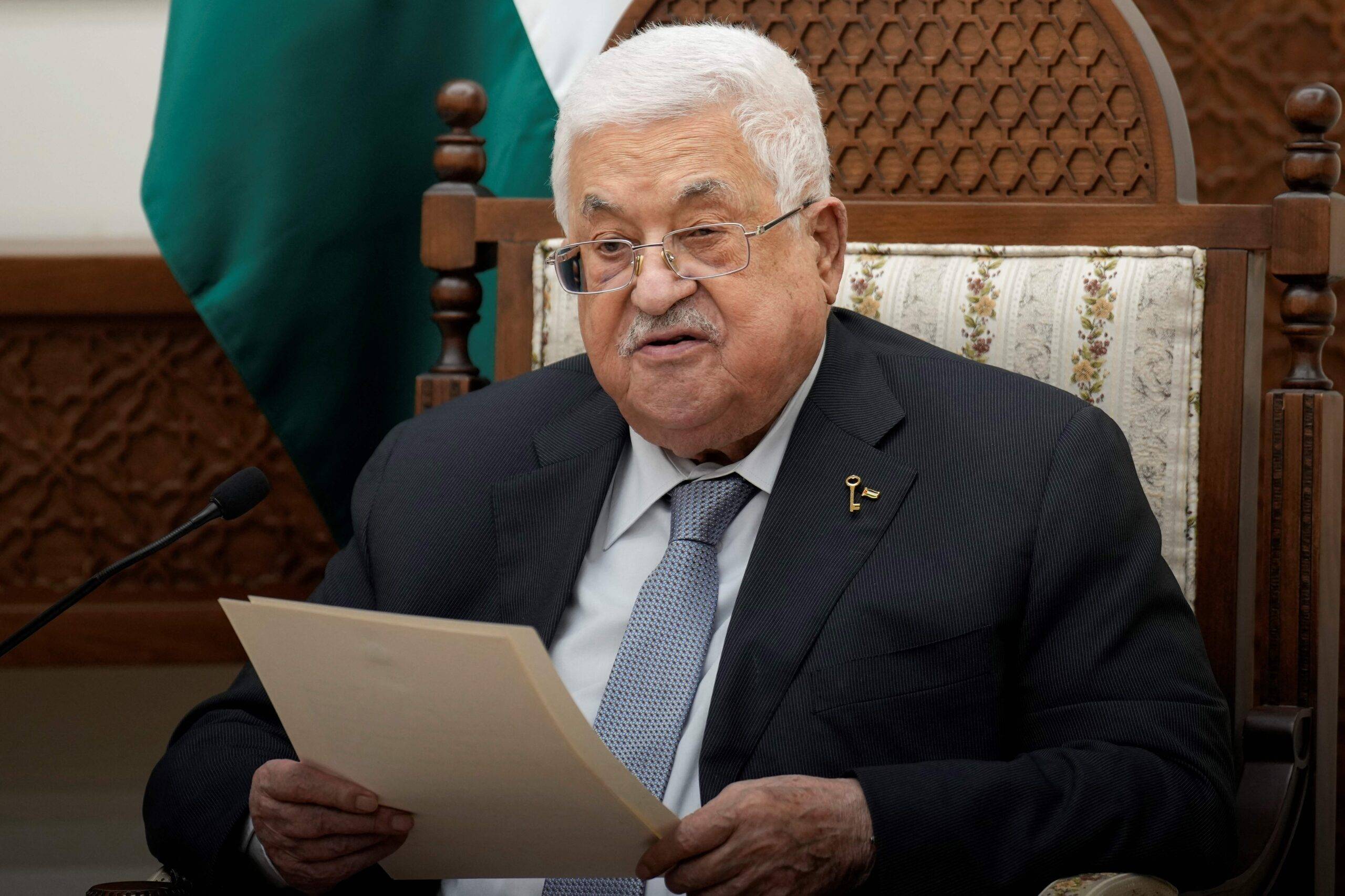Palestinian President Mahmoud Abbas speaks during a meeting with French President on October 24, 2023 in the West Bank city of Ramallah [Christophe Ena/POOL/AFP via Getty Images]