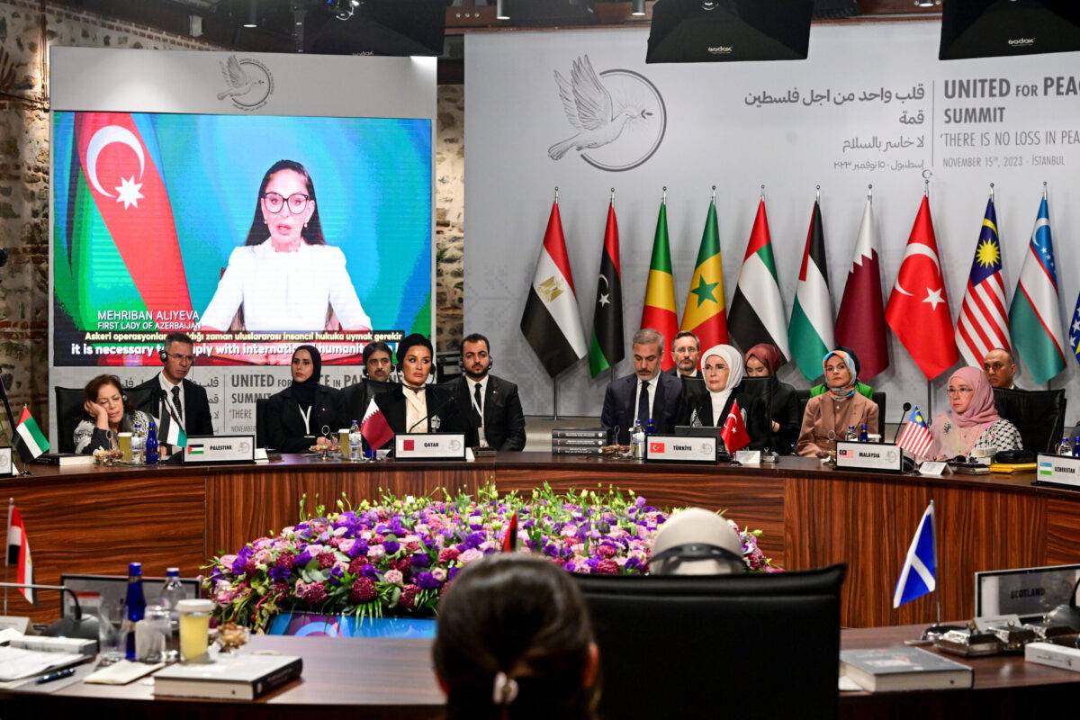 Azerbaijani First Lady Mehriban Aliyeva sends a video message for the United For Peace in Palestine Summit at Dolmabahce Office in Istanbul, Turkiye on November 15, 2023 [Serhat Cagdas/Anadolu via Getty Images]