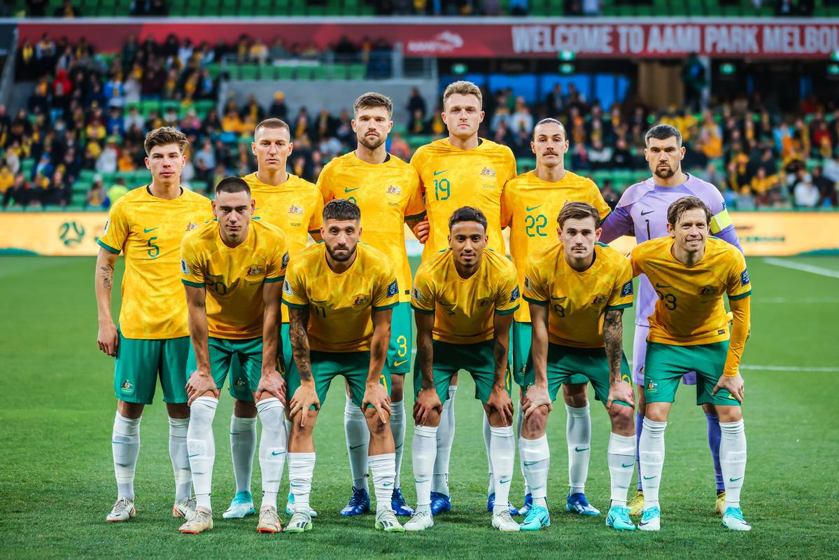 Australia team photo before the 2026 FIFA World Cup Qualifier match between Australia Socceroos and Bangladesh at AAMI Park in Melbourne on 16 November 2023. [Photo credit should read Chris Putnam/Future Publishing via Getty Images]