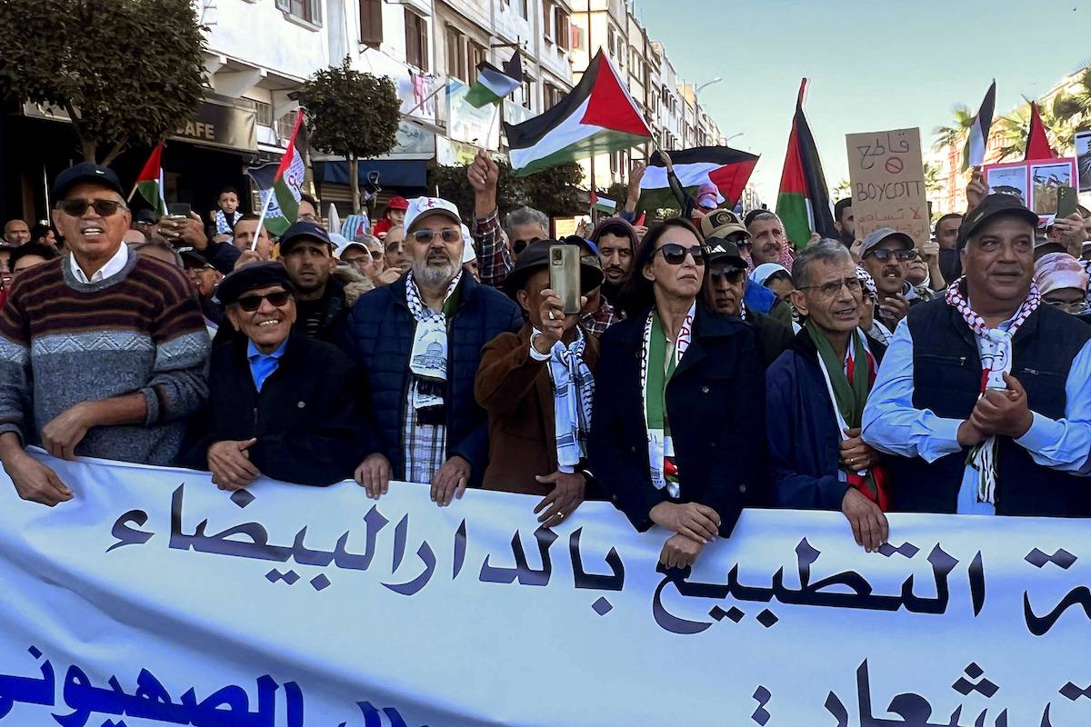 Moroccans demonstrate on November 26, 2023 in Casablanca, calling for a permanent ceasefire in the Palestinian Gaza Strip and the suspension of diplomatic ties with Israel. [AFP via Getty Images]
