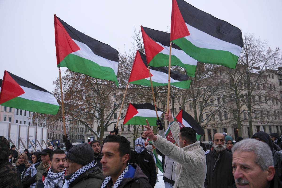 In solidarity with Palestinians, people holding Palestinian flags and banners gather at Oranienburg Square to march Schlesisches Tor and Puschkinallee as part of a pro-Palestinian demonstration in Berlin, Germany on December 02, 2023 [Halil Sağırkaya - Anadolu Agency]