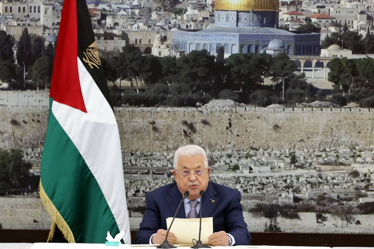 Palestinian President Mahmoud Abbas speaks during a meeting of the Palestinian leadership at the presidential headquarters, Ramallah on December 02, 2023 [Palestinian Presidency/Anadolu Agency]