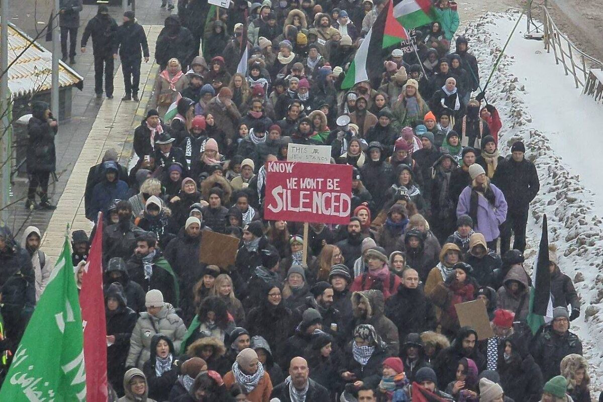 People gather in front of the Israeli Embassy in Stockholm to stage a protest against Israeli attacks on Gaza in Stockholm, Sweden on December 03, 2023. [Atila Altuntaş  - Anadolu Agency]