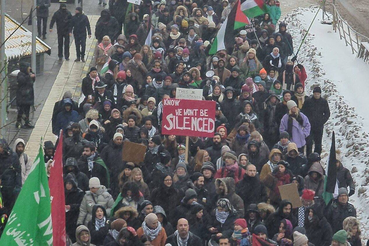 People gather in front of the Israeli Embassy in Stockholm to stage a protest against Israeli attacks on Gaza in Stockholm, Sweden on December 03, 2023. [Atila Altuntaş - Anadolu Agency]