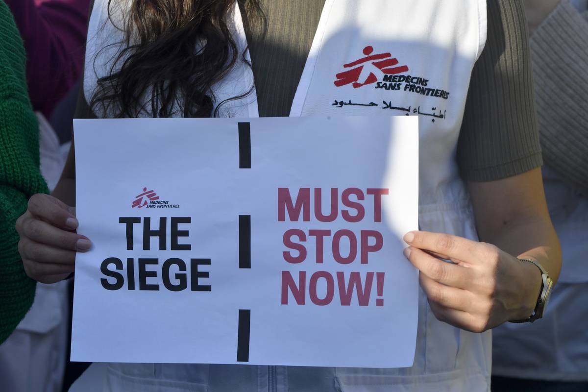Members of Doctors Without Borders stage a demonstration in solidarity with Palestinians at the Martyrs' Square in Beirut, Lebanon on December 04, 2023 [Houssam Shbaro/Anadolu Agency]