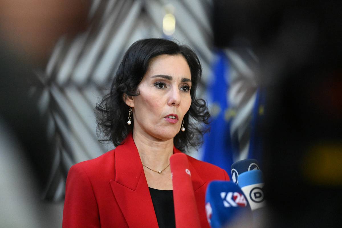 Belgian Foreign Minister Hadja Lahbib gives a speech in Brussels, Belgium on December 11, 2023. [Dursun Aydemir - Anadolu Agency]