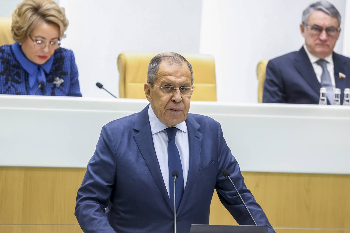 Russian Foreign Minister Sergey Lavrov speaks at the Federation Council, the upper house of the Russian parliament, in Moscow, Russia on December 13, 2023 [Russian Foreign Ministry/Anadolu Agency]