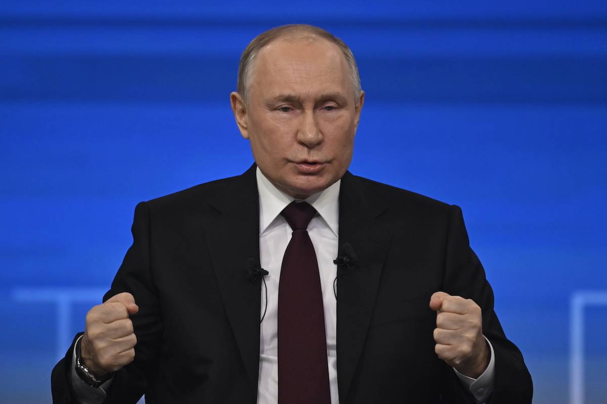 Russia's President Vladimir Putin attends annual special televised question-and-answer session and year-end news conference scheduled to take place at the Gostiny Dvor trade and exhibition centre in Russia, Moscow on December 14, 2023. [Sefa Karacan - Anadolu Agency]