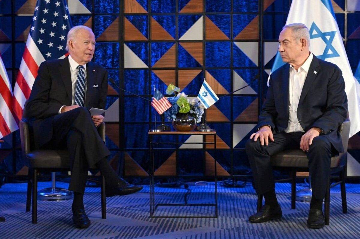 US President Joe Biden (L) and Prime Minister Benjamin Netanyahu (R) meet in Tel Aviv, Israel on October 18, 2023 [GPO/ Handout/Anadolu via Getty Images]
