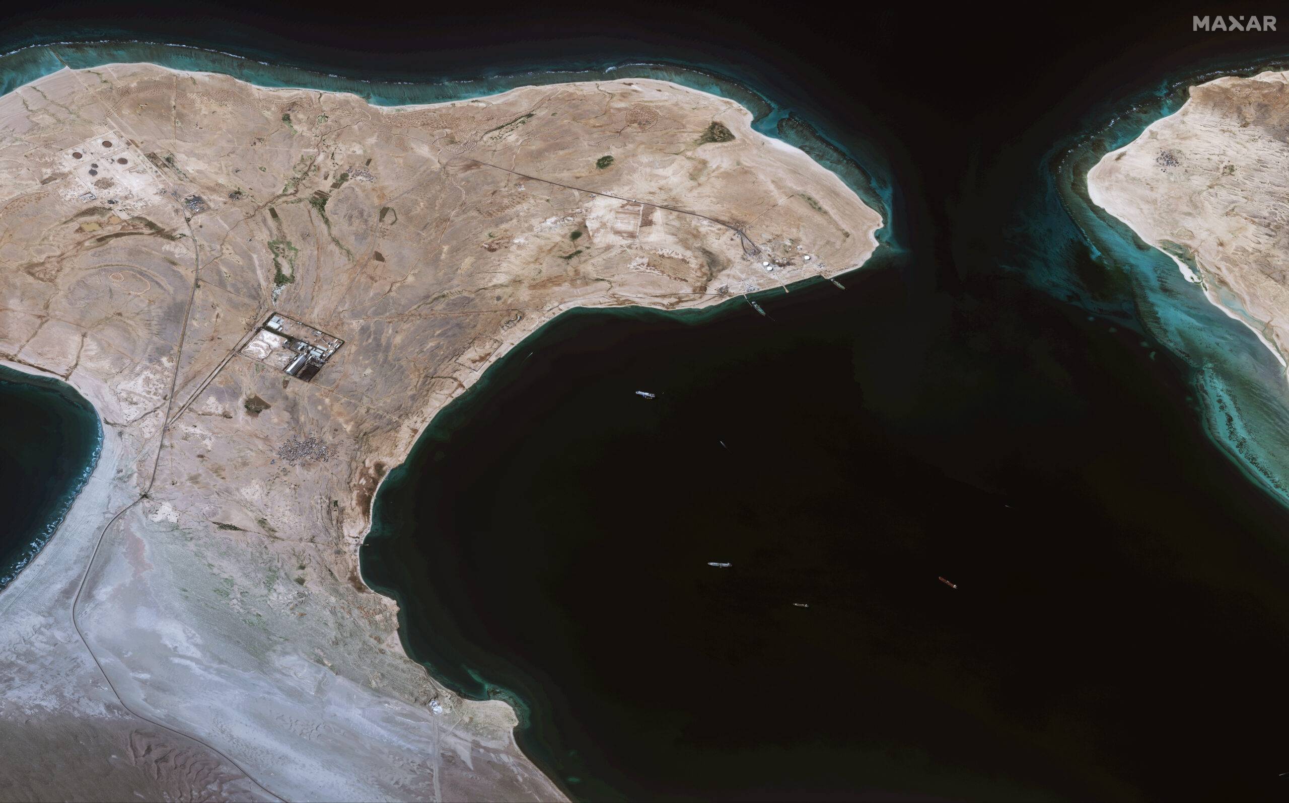 GALAXY LEADER, YEMEN -- NOVEMBER 28, 2023:  01 Maxar overview satellite imagery off the southern Red Sea near Hodeida, Yemen that shows the recently seized Galaxy Leader ship that was captured by Houthi fighters on November 19th. The ship is anchored offsh