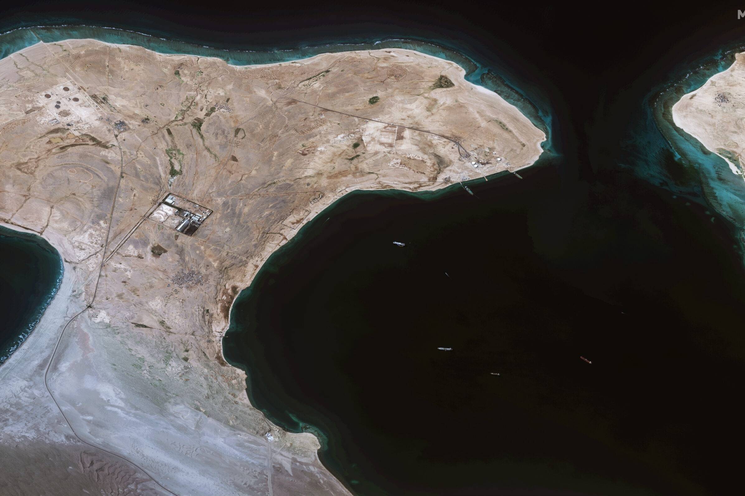 GALAXY LEADER, YEMEN -- NOVEMBER 28, 2023:  01 Maxar overview satellite imagery off the southern Red Sea near Hodeida, Yemen that shows the recently seized Galaxy Leader ship that was captured by Houthi fighters on November 19th. The ship is anchored offsh