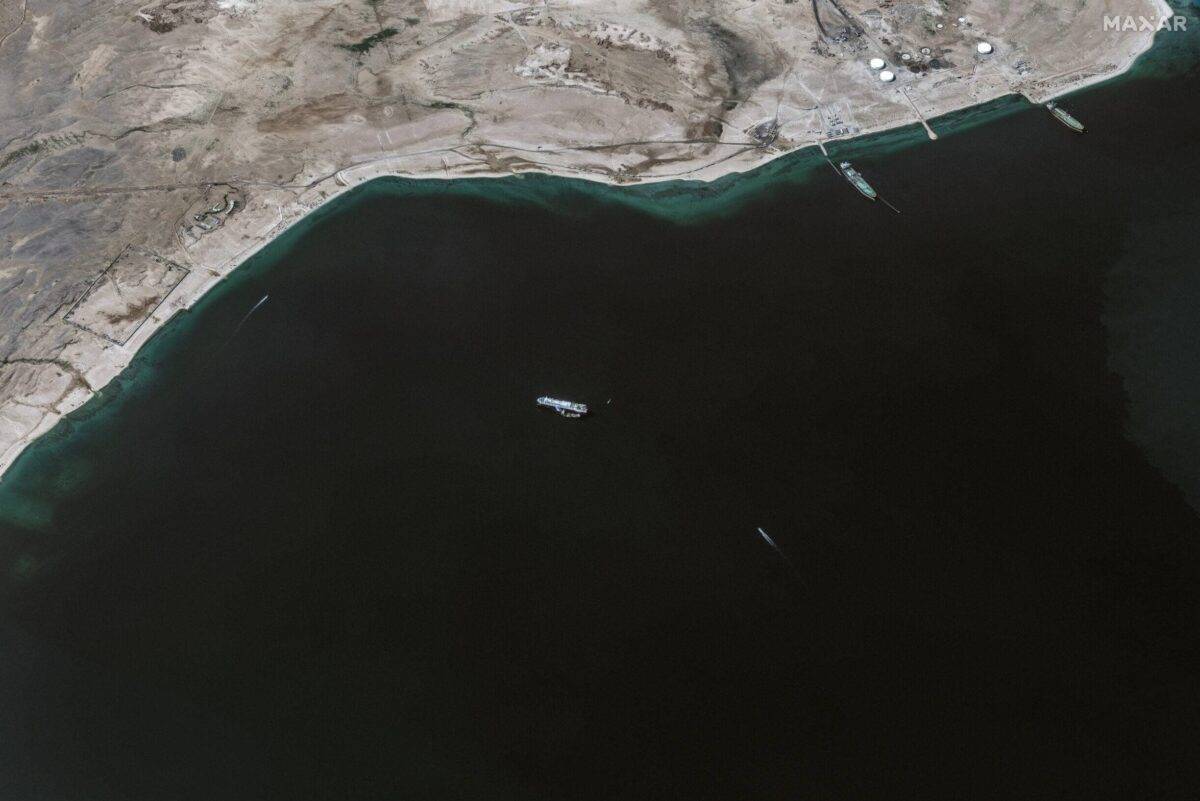 GALAXY LEADER, YEMEN -- NOVEMBER 28, 2023:  02 Maxar medium view satellite imagery off the southern Red Sea near Hodeida, Yemen that shows the recently seized Galaxy Leader ship that was captured by Houthi fighters on November 19th. The ship is anchored of